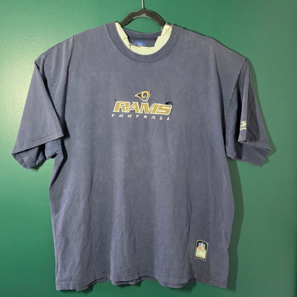 Vintage Reebok NFL St Louis Rams Football T-Shirt Navy Blue 2XL R242A Distressed